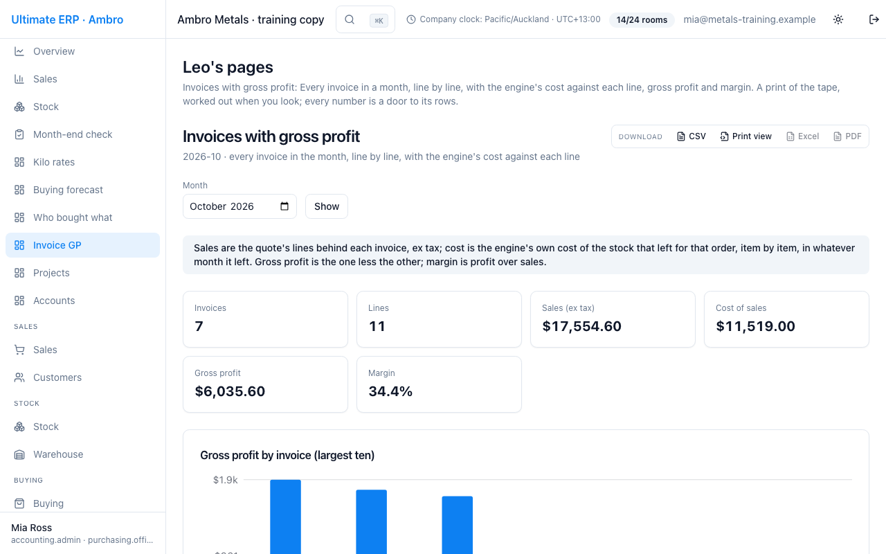 Every invoice line with its own cost and margin.