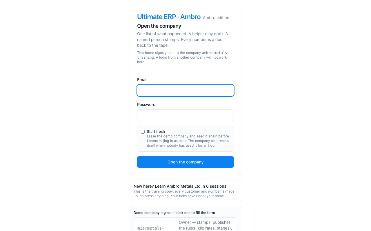 The login page. Each practice person is a button that fills the form.