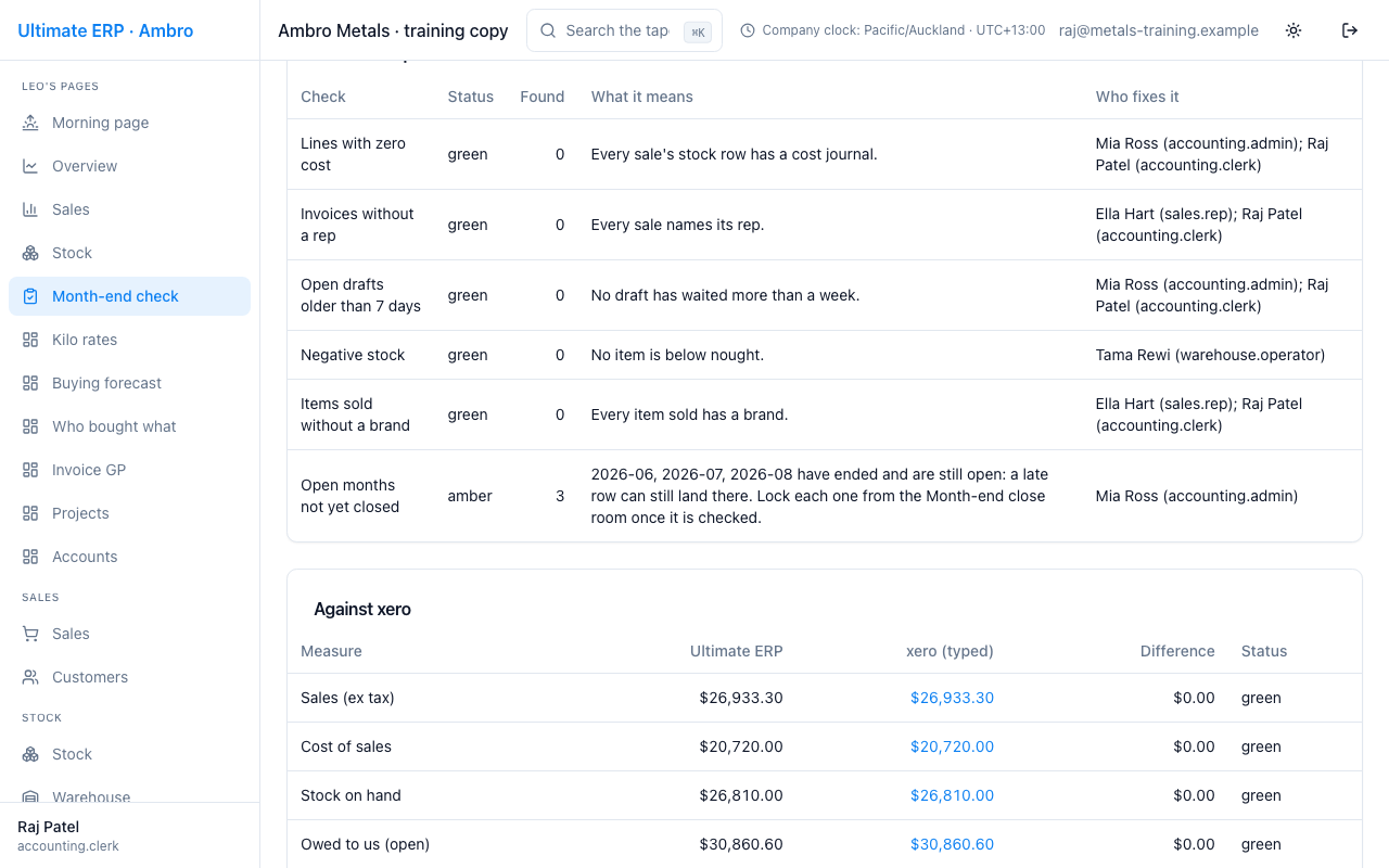 The month-end check: the tape against Xero.